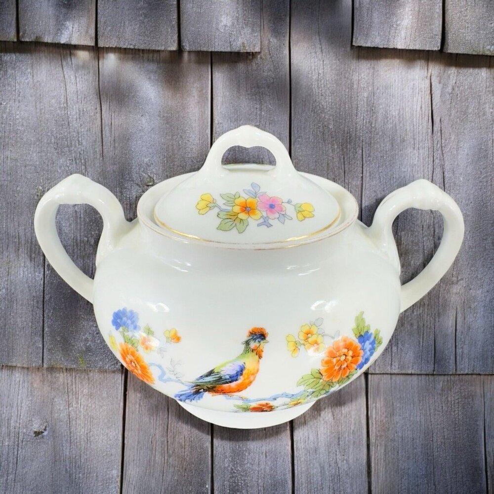 TK Thun Bohemia Czechoslovakia Sugar Bowl Porcelain Bird Flowers Pattern Vintage